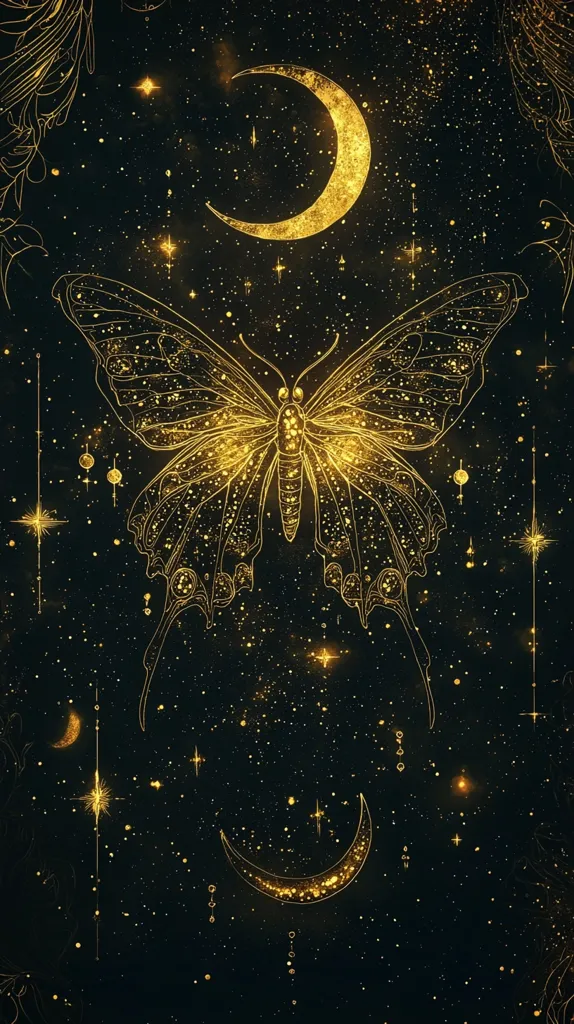The image is a dark, celestial scene with a golden butterfly outlined in a glittering galaxy.  Two crescent moons, multiple stars, and a twinkling stream of stardust illuminate the deep black background. The intricate design of the butterfly and the twinkling stars create a magical and ethereal feel.