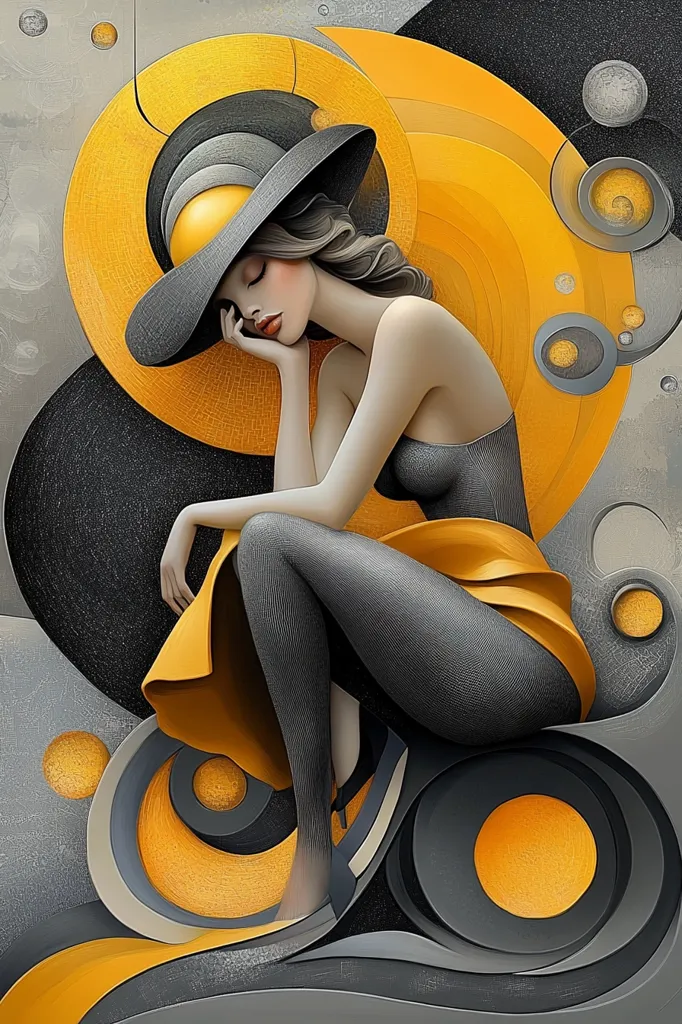 A woman in a black dress and a wide-brimmed hat is sitting in a pose that suggests she's sleeping or lost in thought. She's surrounded by swirling geometric shapes in shades of yellow, black, and gray. The artwork has a retro, graphic design aesthetic.