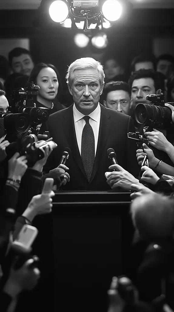 A man in a suit and tie stands surrounded by reporters and photographers, their cameras and microphones pointed at him. He looks directly at the camera, his face serious. The image is in black and white, creating a stark contrast between the subject and the background. The scene conveys a sense of formality and importance, as if the man is addressing a press conference or giving a statement.  The composition emphasizes the man's central position and the overwhelming presence of the media.