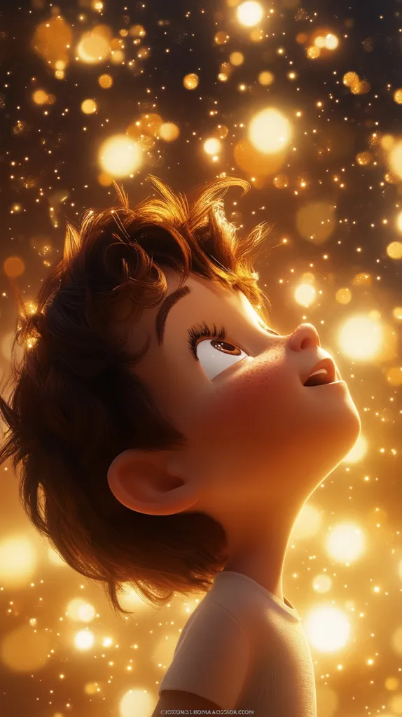 The image features a young boy with brown hair and a white t-shirt looking up at a background filled with warm, glowing lights. His eyes are wide open and his mouth is slightly parted as if in awe or wonder, suggesting that he is gazing at something beautiful and magical. The overall mood is whimsical and uplifting, conveying a sense of childhood innocence and boundless imagination.