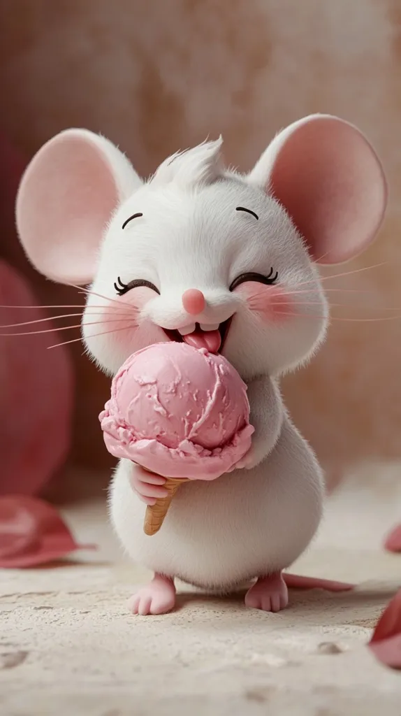 A cute, cartoon-style white mouse with big pink ears and a pink nose is happily holding a pink ice cream cone and licking it. The mouse has large, expressive eyes and a big, toothy grin. It is standing on a light-colored wooden surface. The background is out of focus and blurred.  The image is adorable and playful.