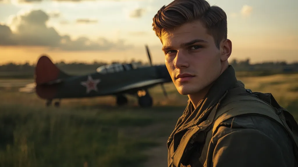A young man, dressed in a military jacket and carrying a backpack, stands in front of a vintage airplane. The setting sun casts a warm glow over the airfield, highlighting the man's determined expression. The image evokes a sense of wartime nostalgia and the bravery of soldiers.