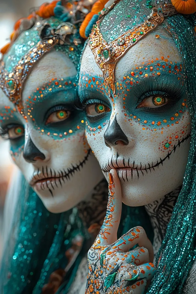 Two women with intricate, detailed makeup resembling skeletons. They have blue and orange accents with gold jewelry and sparkly textures. One woman has her finger on her lips, creating a mysterious and captivating image. The colors are vibrant and the details are striking. The image evokes a sense of celebration and mystery, perhaps connected to a cultural tradition.