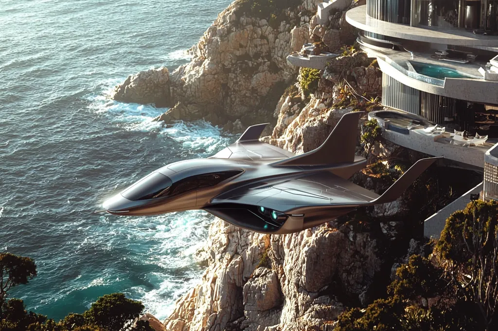 A sleek, futuristic aircraft hovers over a rocky cliffside overlooking a vast expanse of blue ocean. The aircraft is metallic grey with a large, tinted canopy.  In the background, a modern, multi-level house with glass walls and an infinity pool sits perched on the clifftop, suggesting a luxurious and high-tech lifestyle. The sun glints off the water and the aircraft, creating a sense of adventure and possibility.