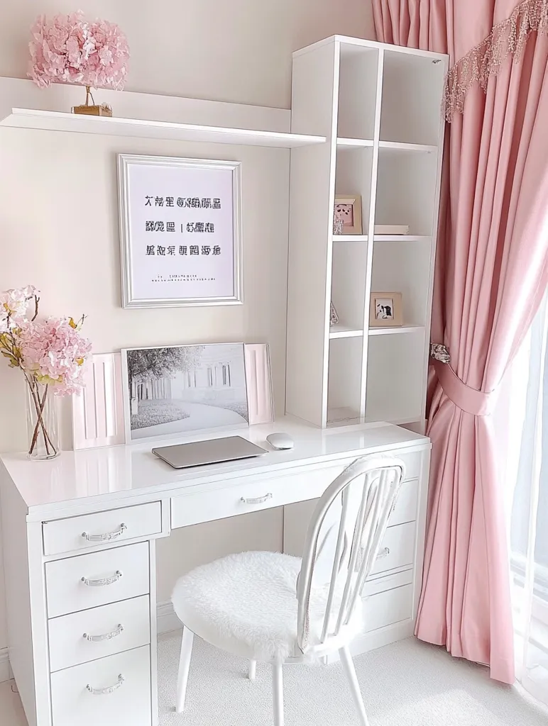 The image shows a white desk with a white chair and a white bookshelf. The desk is topped with a laptop and a mouse. The chair is covered in a fluffy white cushion.  There are pink flowers and a framed print on the desk. The background features pink curtains.  The overall vibe is clean, feminine, and elegant.