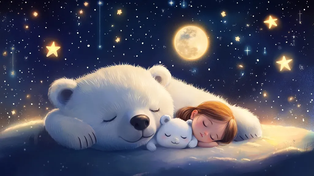 A young girl sleeps peacefully beside a polar bear, with a smaller, white bear nestled between them. The night sky is full of twinkling stars, with a large, yellow moon shining brightly in the background. The scene evokes a sense of warmth and contentment, with a dreamy and whimsical feel.