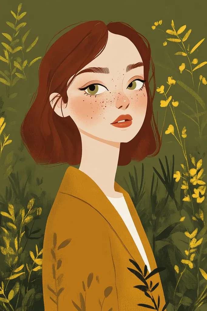 The illustration depicts a young woman with auburn hair, wearing a mustard yellow jacket. She has freckles and green eyes, and her expression is soft and contemplative. The background is a lush green and yellow landscape, with a variety of foliage surrounding her. The overall tone is warm and inviting.