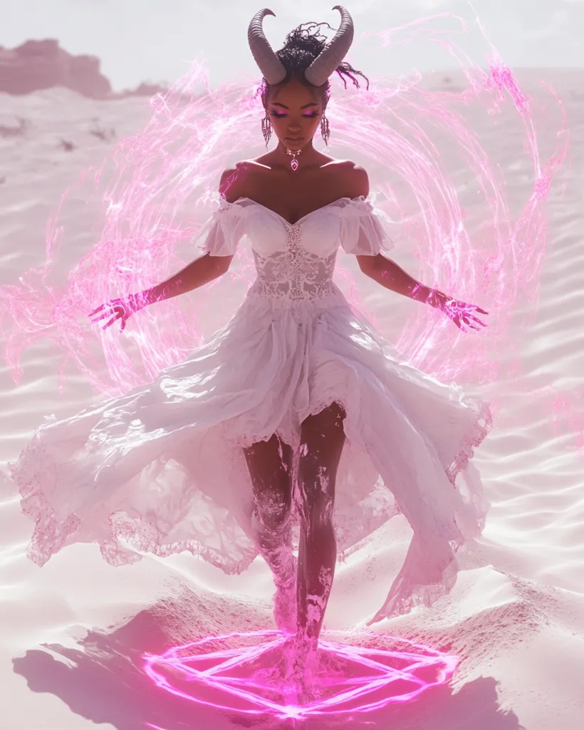 A woman with horns and a white dress stands in a desert with a pink magical aura around her. Her hands are outstretched, glowing with pink energy. She is surrounded by pink, swirling energy that appears to be emanating from her. Her expression is focused and intense. The scene is both mystical and ethereal.  The image evokes a sense of power and magic.
