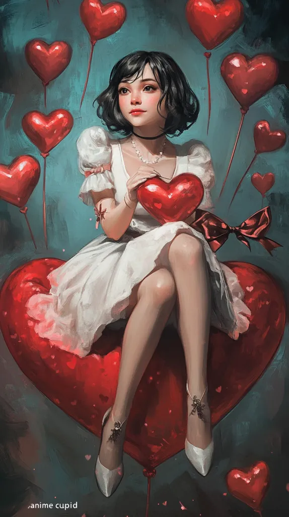 A young woman with black hair sits on a large red heart balloon. She is wearing a white dress with a red bow and holding a smaller red heart balloon. The background is filled with red heart balloons floating in the air. She looks at the viewer with a soft smile. The overall tone is romantic and whimsical.