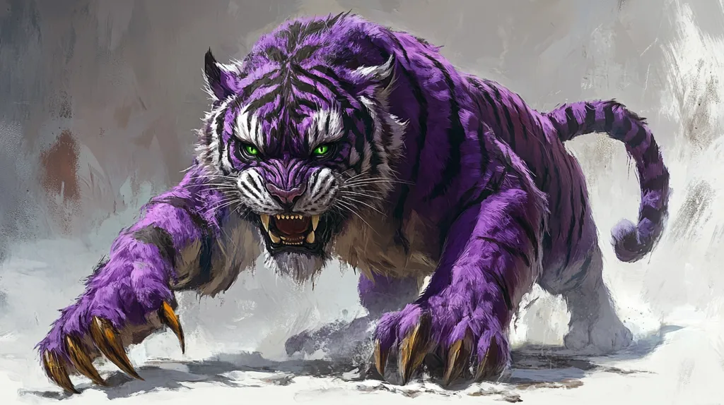 A purple tiger with green eyes and sharp claws is crouched low to the ground, its fangs bared in a ferocious growl. Its fur is a deep purple, and its stripes are a lighter shade. The tiger appears to be stalking its prey, ready to pounce. The background is a blurry white, giving the impression of a snowy landscape. The image evokes a sense of power, danger, and wild beauty.