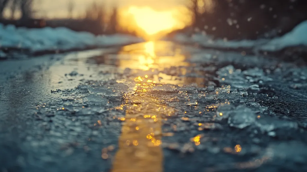 A close-up shot of a road covered in ice. The sun is setting in the background, casting a golden glow over the scene. The ice is reflecting the light, creating a shimmering effect. The road is lined with a yellow stripe in the center. The image is out of focus, creating a sense of mystery and wonder.
