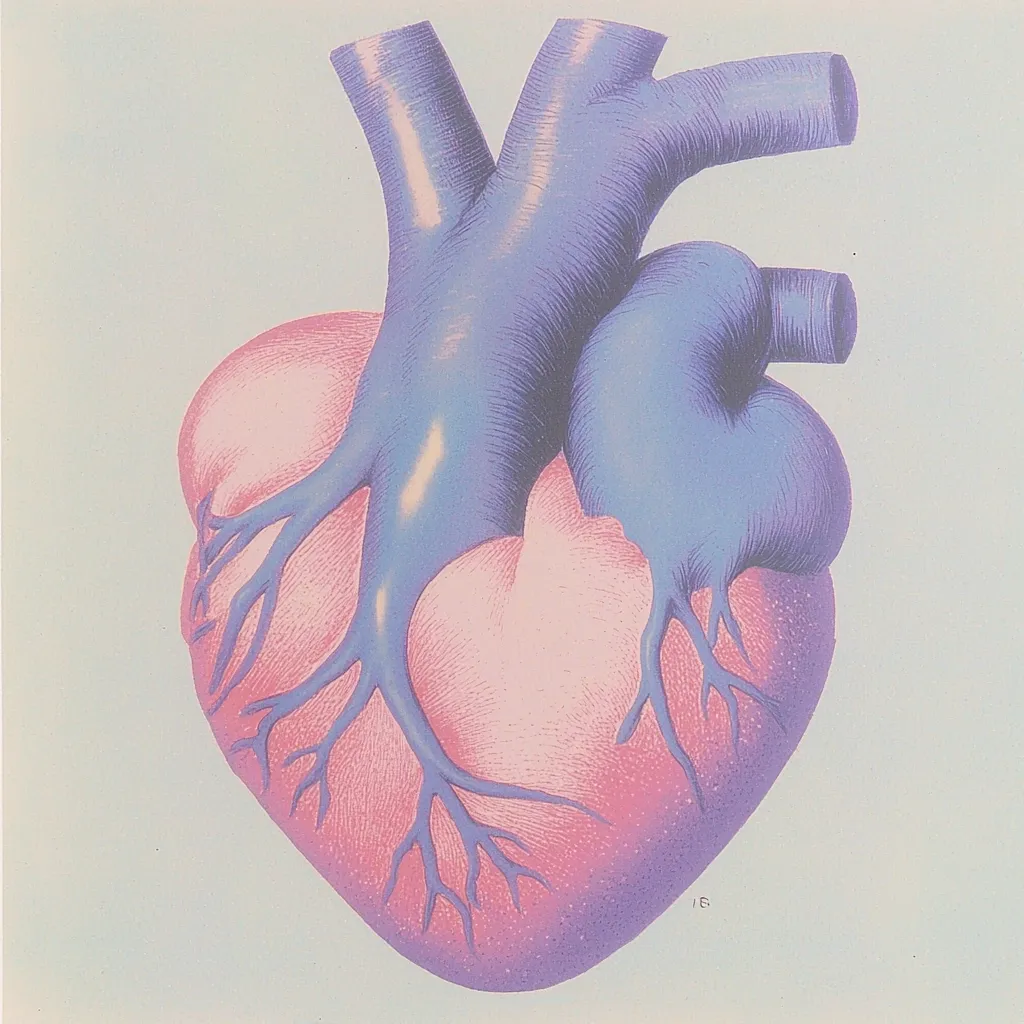 The image is a detailed illustration of a human heart. The heart is depicted in a pale pink color, while the arteries and veins are illustrated in a blue-purple hue. The heart is shown in a realistic manner, with intricate details of its chambers and valves. The image is likely intended for educational purposes, providing a visual representation of the human heart's anatomy.