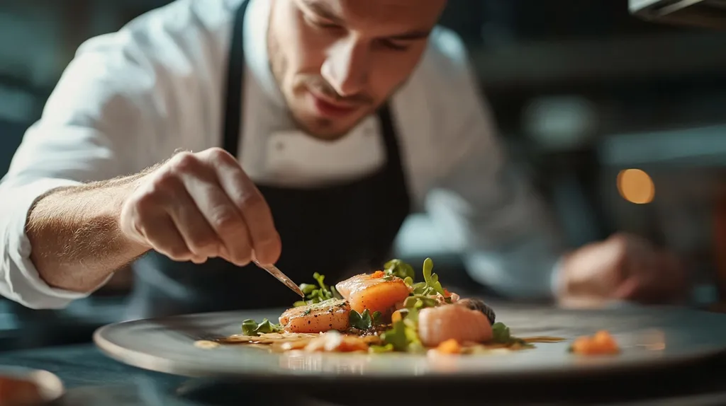 A chef, wearing a white shirt and black apron, carefully arranges a plate of food. The dish features seared scallops with a bed of greens, drizzled with a sauce.  The chef's focused expression and precise movements suggest a dedication to culinary artistry. The image captures the final touch of a professional chef's work.
