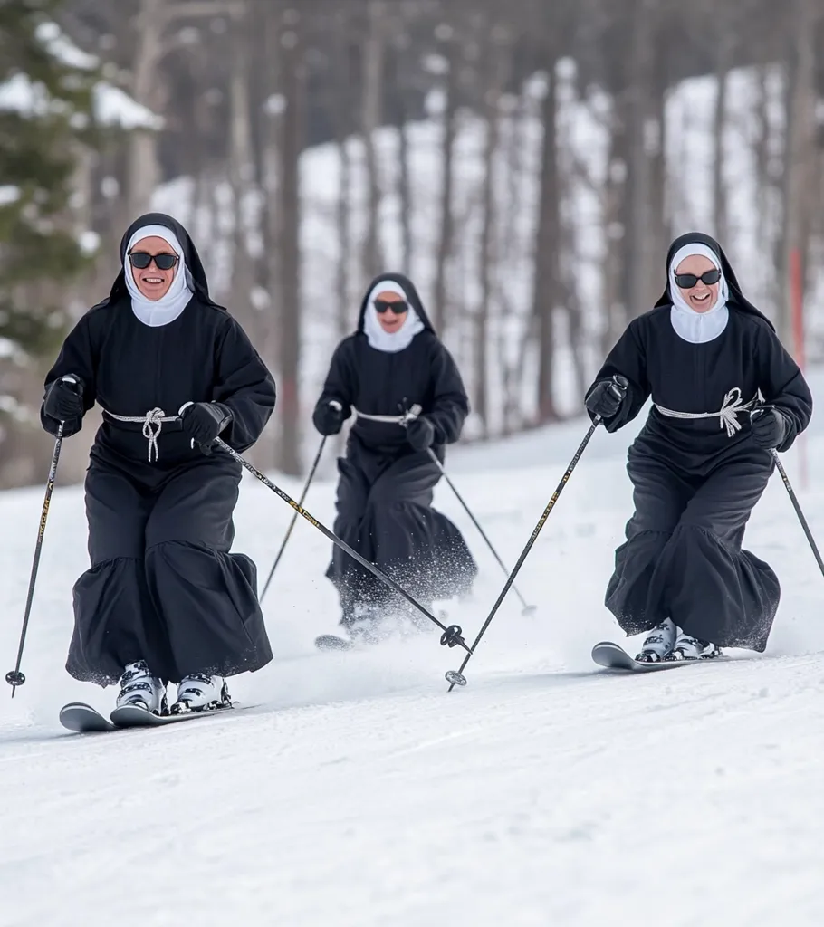 Three nuns in black habits and white head coverings are skiing down a snowy slope. They are all wearing sunglasses and smiling. The nun in the foreground is holding her ski poles in front of her, while the other two nuns are holding their poles behind them. The snow is freshly fallen and there are trees in the background.  The photo is taken from a low angle, giving a sense of speed and motion.