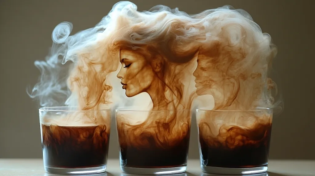 Three glasses filled with a dark liquid are arranged side-by-side. White and brown smoke billow up from each glass, forming the shapes of women's faces. The smoke swirls and intertwines, creating a mesmerizing and abstract image. The lighting is soft and warm, casting a gentle glow on the scene. The glasses are clear and transparent, allowing the smoke to be clearly visible. The overall effect is dreamlike and ethereal.