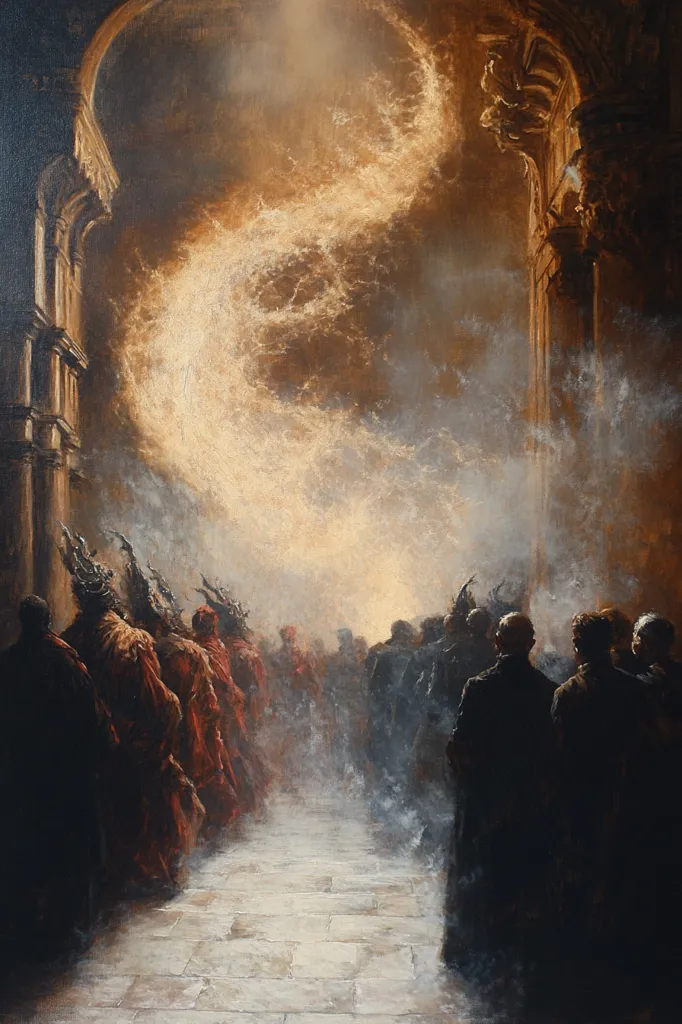 A group of figures in dark robes stand in a hazy, golden light. They are gathered in a grand, stone hall, their faces hidden in the shadows. Above them, a swirling mass of light and smoke emanates from an archway, casting an ethereal glow over the scene. The atmosphere is one of mystery and anticipation, as if something momentous is about to occur.
