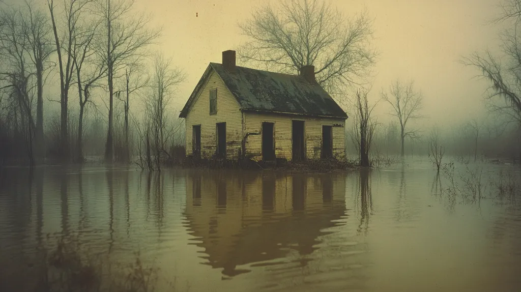 A lone, weathered house stands partially submerged in murky water, its reflection mirroring the somber atmosphere. The surrounding trees, shrouded in mist, add to the eerie and isolated feel. The house, once a dwelling, now appears abandoned and forgotten, its fate uncertain in the face of the encroaching waters.