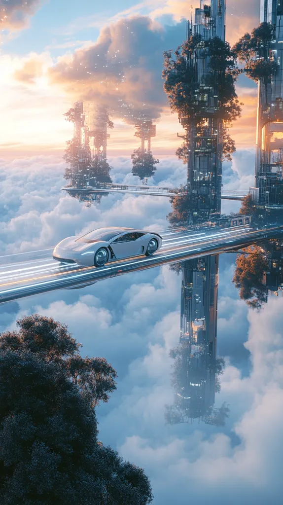 A white futuristic car drives across a long, reflective bridge in the sky. Below are fluffy clouds and a misty, ethereal landscape. Tall, metallic structures with trees growing on them reach towards the clouds, reflecting in the bridge's surface. The scene is bathed in a soft, golden light, suggesting a peaceful and serene atmosphere.