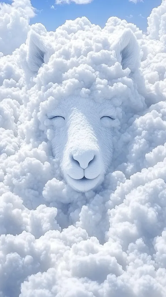 The image shows a fluffy white cloud formation resembling a sheep with its eyes closed, as if sleeping.  The cloud is surrounded by other fluffy white clouds, creating a serene and dreamlike atmosphere. The soft, gentle curves of the clouds convey a sense of peace and tranquility.  The blue sky peeks through the clouds, adding depth and dimension to the composition.  The image evokes a sense of wonder and invites the viewer to imagine the possibilities of a world made of clouds.