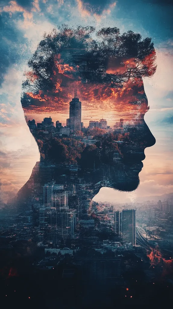 The image is a double exposure, showing a man's profile superimposed over a city skyline. The city appears to be growing from the man's head, suggesting the man is the city's foundation. The sky is a vibrant orange and blue, creating a dreamy atmosphere. The image is a beautiful and thought-provoking depiction of the interconnectedness between humans and their environment.