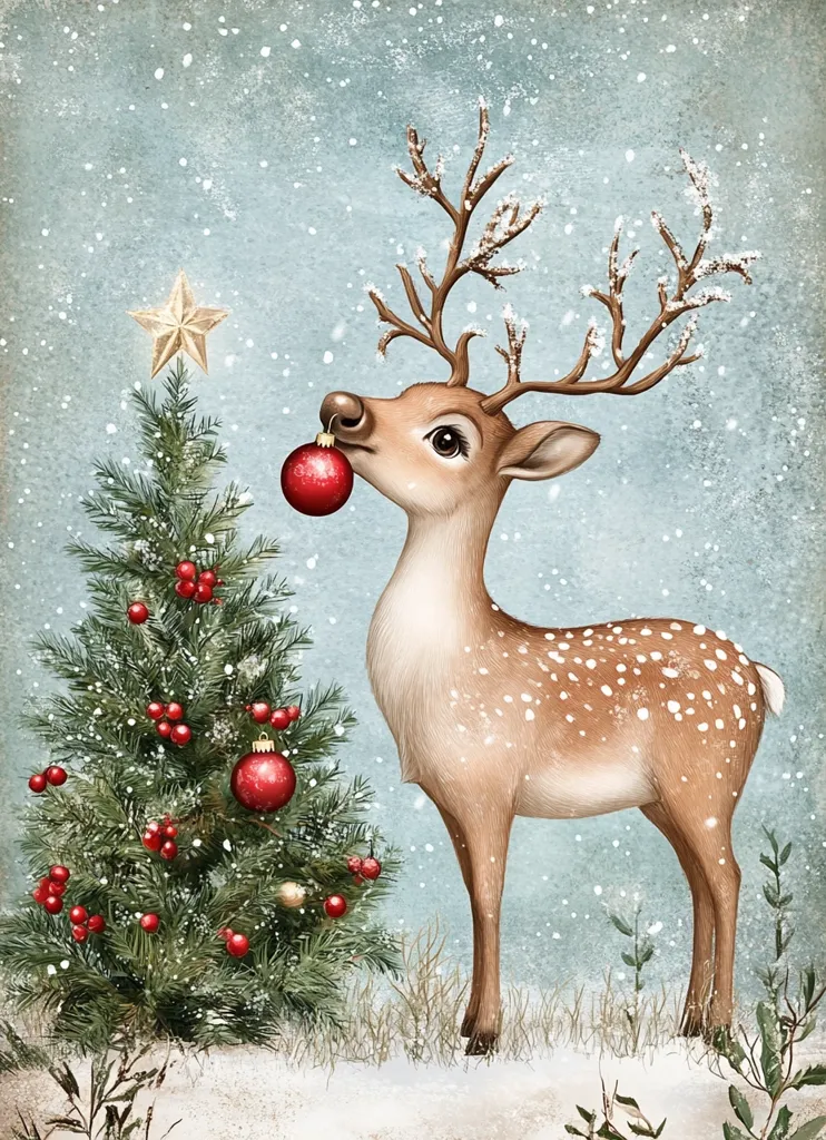 A cute, spotted deer with large antlers stands in a snowy forest. It is looking at a decorated Christmas tree, and its mouth is open as if it is about to take a bite of a red ornament. The deer is in the foreground of the image, and the Christmas tree is in the background. The image is filled with a gentle snowfall.