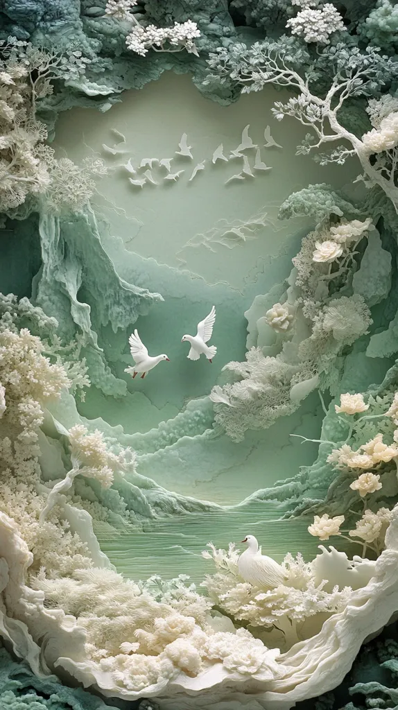 A detailed, intricately carved sculpture depicts a serene landscape with white birds flying over a jade-green river, surrounded by white and green foliage.  The delicate details of the carving create a sense of depth and beauty, highlighting the craftsmanship and artistry involved. The birds add a touch of serenity and tranquility to the scene.