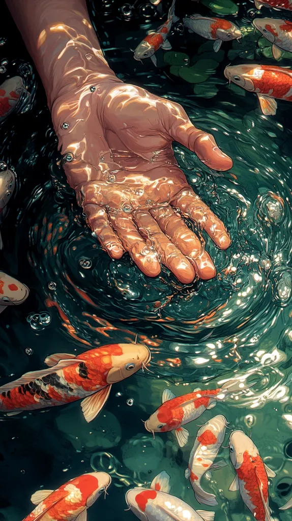 A hand reaches into a pond with rippling water and touches the surface, disturbing the koi fish swimming below. The fish are colorful with orange, red, white, and black markings, while the water is a vibrant green.  The hand is partially submerged, creating a contrast of light and shadow on the water's surface.  The scene depicts a moment of tranquility and interaction between humans and nature.