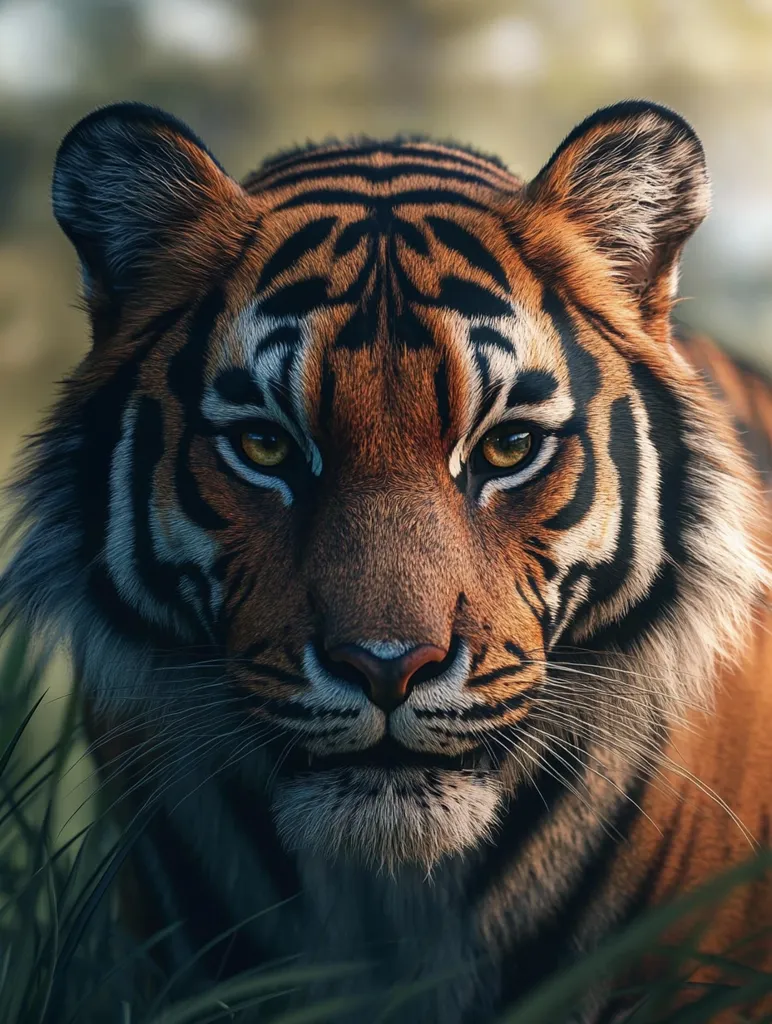 A close-up shot of a tiger's face, showcasing its striking orange and black stripes. The tiger's intense gaze is focused directly at the viewer, its whiskers prominent. The image is blurred in the background, emphasizing the tiger's presence in the foreground. The image conveys a sense of power and wild beauty.