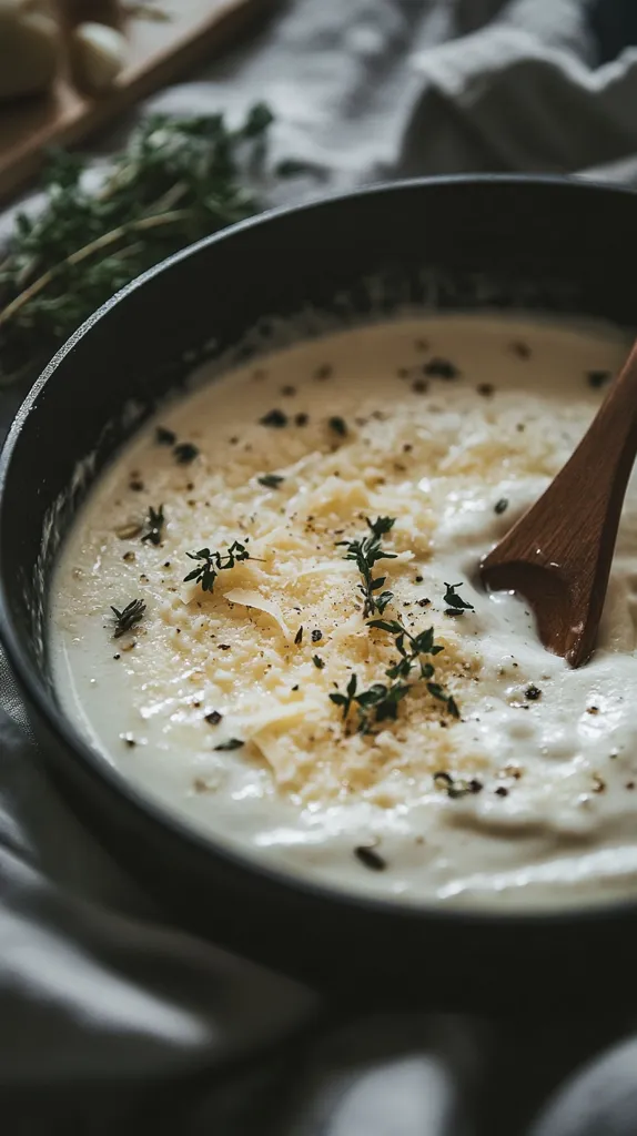 A close-up shot of a black bowl filled with creamy white soup.  The soup is topped with parmesan cheese, black pepper, and sprigs of fresh thyme. A wooden spoon sits beside the bowl. The image is shot from a low angle, with the background slightly out of focus.  The overall mood is warm and inviting, with a focus on the deliciousness of the soup.