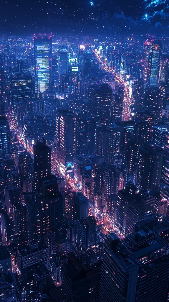 The image shows a night-time aerial view of a bustling city. The city is lit up by countless twinkling lights, creating a mesmerizing spectacle. Tall buildings, densely packed together, pierce the dark sky, creating a sense of urban grandeur. The distant horizon is obscured by a blanket of haze, while a smattering of stars twinkle in the inky blackness above. The city's vibrant energy is palpable, even from this distance, with the rhythmic flow of traffic adding to the overall sense of activity.