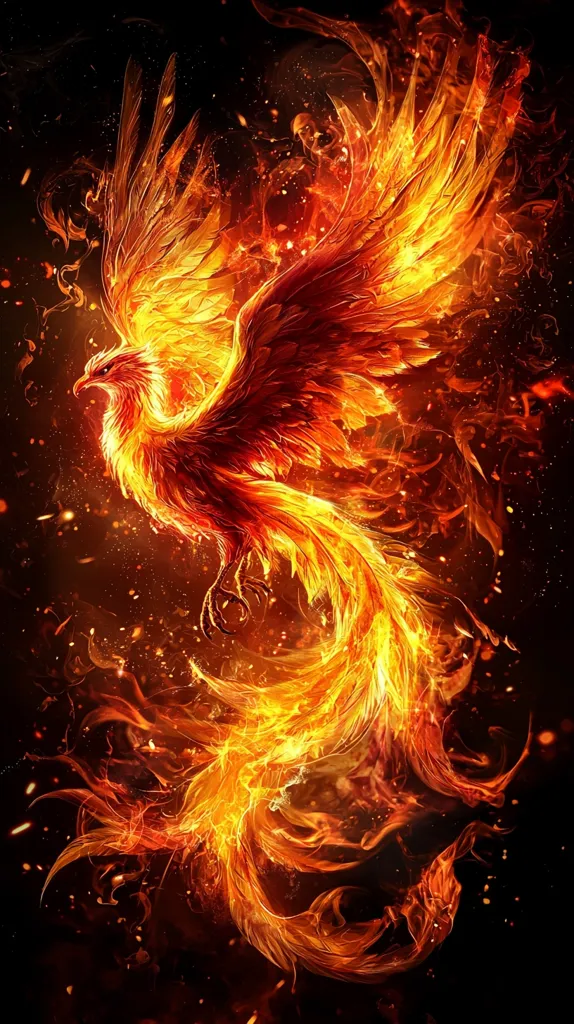 The image depicts a fiery phoenix in flight, its wings spread wide and its tail trailing behind it. The phoenix is composed entirely of flames, with its body, wings, and tail all burning brightly. The background is a dark, smoky void, with sparks and embers scattered throughout. The phoenix's blazing presence illuminates the darkness, creating a dramatic and powerful scene.