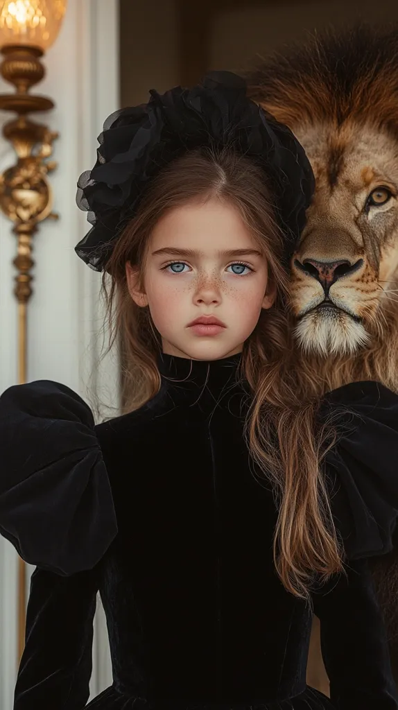 A young girl with long brown hair and blue eyes wears a black velvet dress with puffy sleeves. She has a black headband on her head and her face is framed by a lion's mane. The lion's face is visible, its eyes are closed and its snout is resting on the girl's shoulder. The background is blurred, and the image has a dark, dramatic feel.