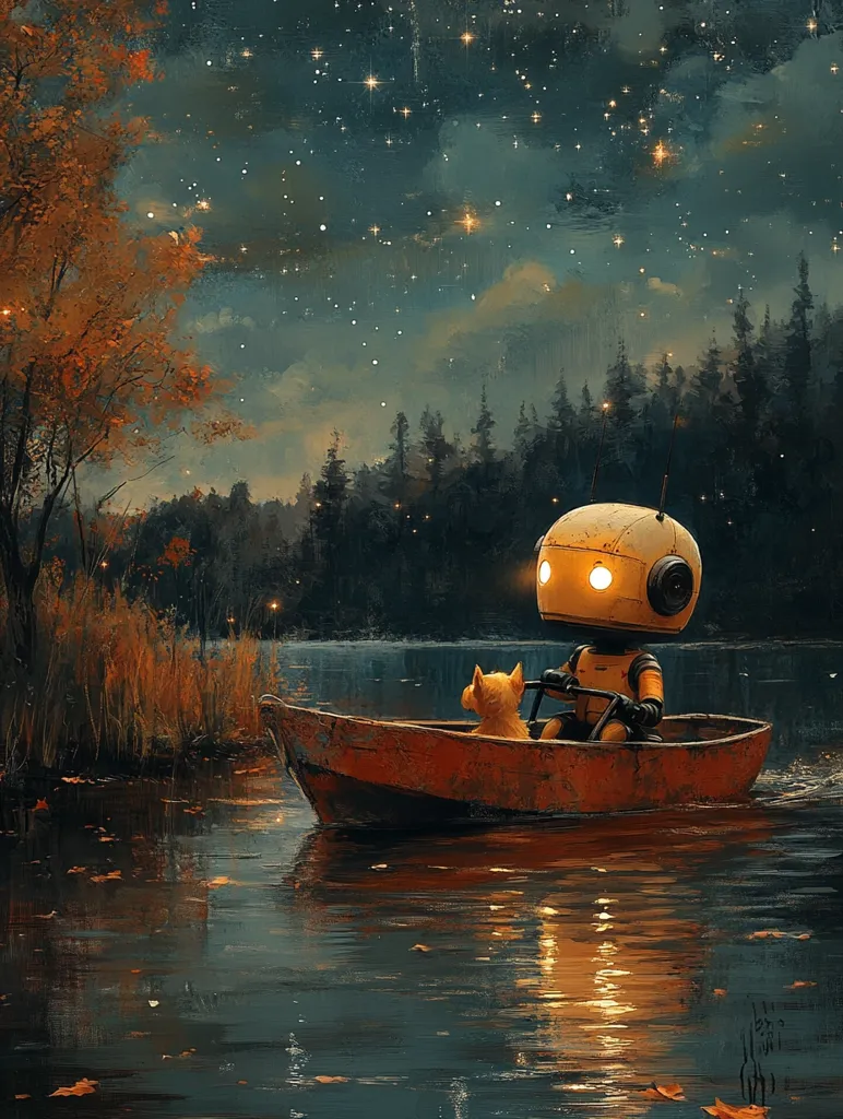 A robot and a small, furry creature are in a wooden boat on a still lake. The night sky is full of twinkling stars and the trees on the shore are dark silhouettes against the light of the sky. The scene is peaceful and serene, conveying a sense of quiet companionship.
