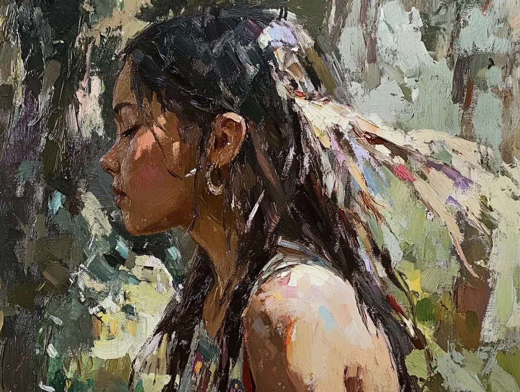 The painting is a portrait of a woman with long, dark hair. The woman's face is turned slightly to the side, and her eyes are closed. She is wearing a colorful garment with feathers in her hair. The background is a blur of greens, browns, and whites, suggesting a natural setting. The painting is done in a loose, impressionistic style, with thick brushstrokes and vibrant colors. The overall mood of the painting is one of peace and tranquility.