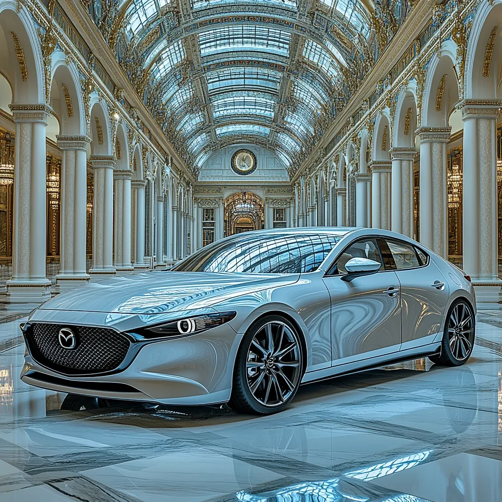 A silver car sits in the middle of a grand hall with a glass ceiling. The car is sleek and modern, with large wheels and a sharp design. The hall is ornate, with white pillars and golden accents. The light from the skylight illuminates the car and the hall. The image is a beautiful example of modern design in a classical setting.