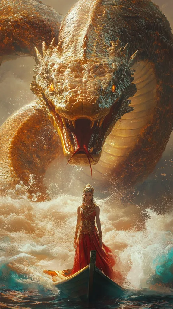 A large, golden snake with sharp fangs and piercing eyes emerges from the churning waves.  A woman in a red gown and golden jewelry stands in a small boat, facing the serpent with a look of determination.  The scene is filled with dramatic tension, suggesting a confrontation between the woman and the monstrous snake.