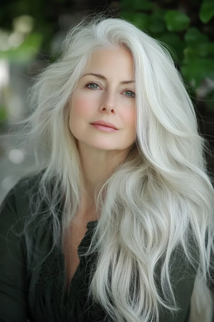 A woman with long, flowing silver hair is looking off to the side, her expression contemplative. Her face is framed by loose, tousled strands, highlighting her clear skin and piercing blue eyes.  She is wearing a dark, low-cut top. The background is blurred, drawing attention to her features.  The overall tone is serene and sophisticated.