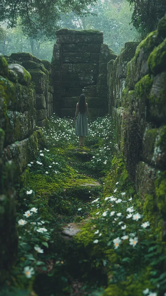 A woman in a long, flowing dress walks through a path in a moss-covered forest. Stone walls line the path, overgrown with greenery. The air is thick with mist, and the only light comes from the dappled sunlight filtering through the trees. The woman's long, dark hair flows behind her as she walks. The scene is serene and ethereal, like something out of a fairytale.
