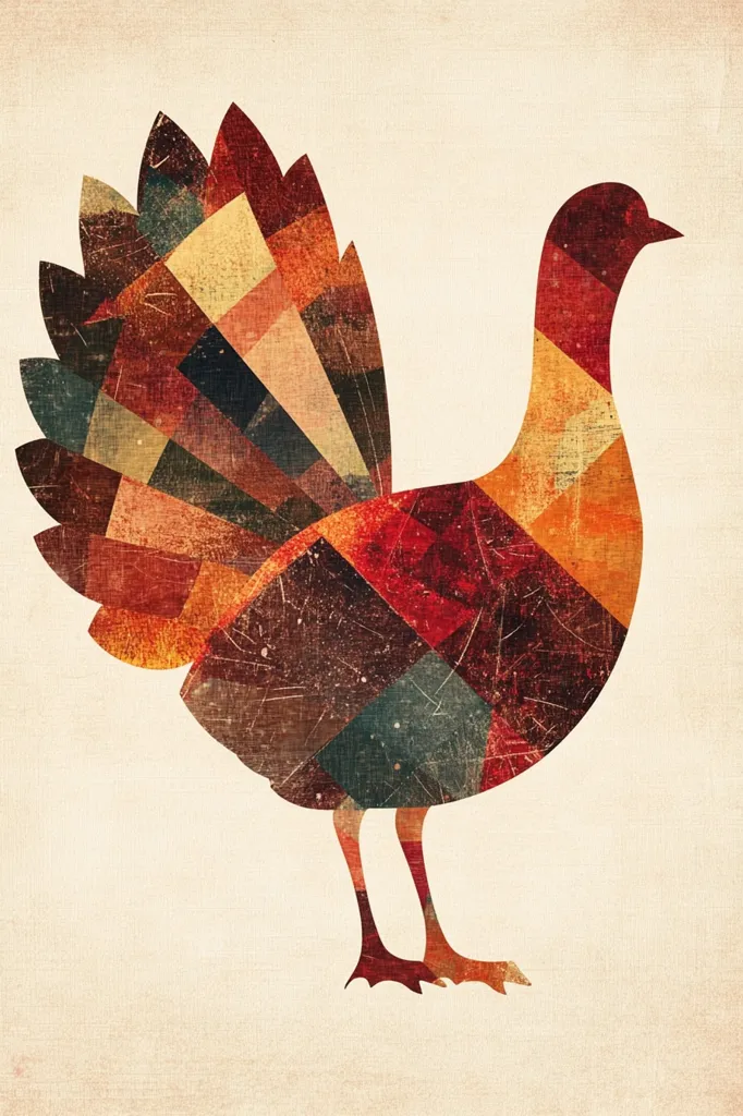 The image is a geometric, abstract depiction of a turkey. The turkey is made up of various shapes and colors, primarily shades of red, orange, brown, and yellow. The image has a vintage, faded look, giving it a rustic charm. The turkey's tail feathers are spread out in a fan shape, creating a visually dynamic composition. The overall design is bold and eye-catching, making it a perfect representation of Thanksgiving.