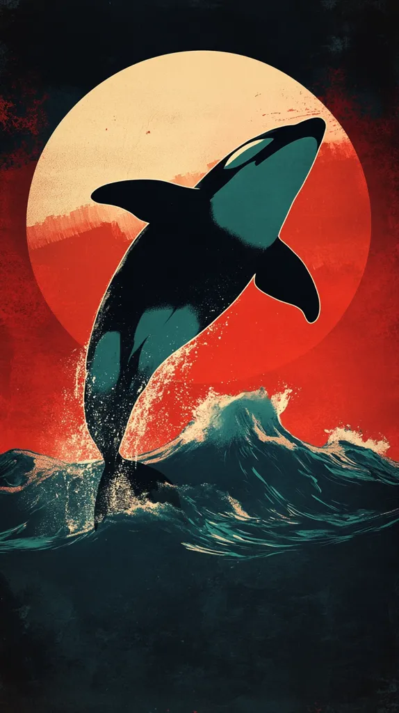 A black and white orca whale leaps out of the water with a large red and white sun in the background. The orca is silhouetted against the bright sun, and there are splashes of water around it. The ocean is a dark blue, and the whole image has a painterly, vintage look.
