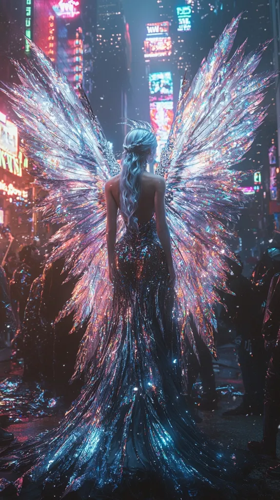 A woman with long silver hair stands in a city street, adorned in a shimmering gown and large iridescent wings. The city lights are a blur in the background, suggesting a bustling urban environment. The woman's ethereal appearance stands out in contrast to the gritty, industrial setting. The image evokes a sense of wonder and otherworldliness, blending fantasy and reality.