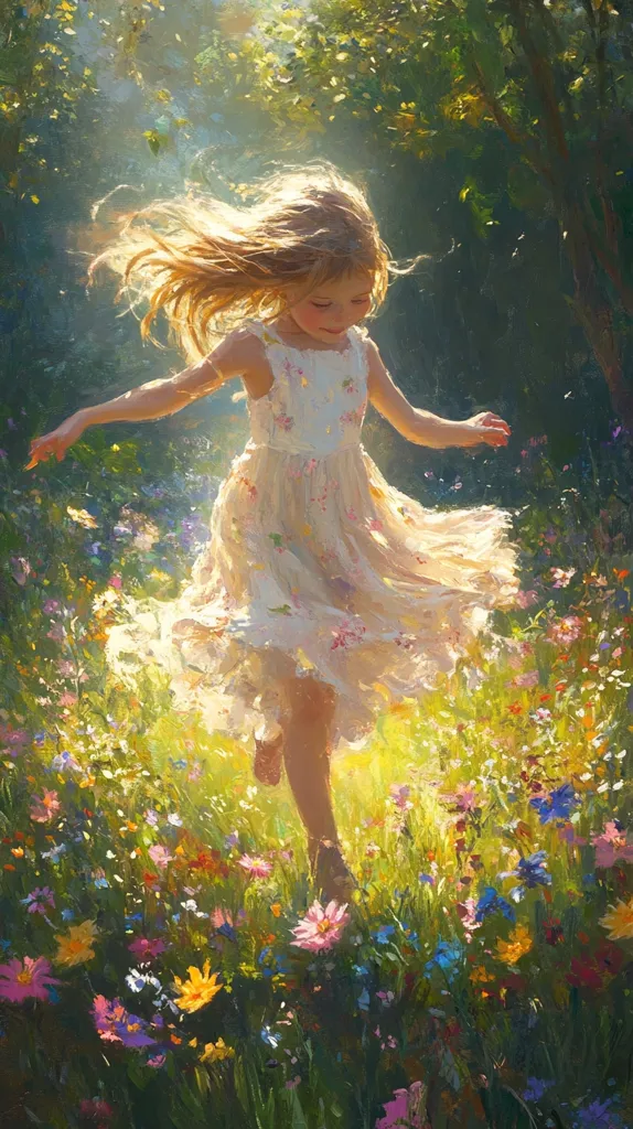A young girl with long blonde hair is running through a field of wildflowers. The sun is shining brightly, and the girl is wearing a white dress with floral print. Her hair is flowing behind her as she runs, and her dress is billowing in the breeze. The scene is idyllic and full of light and joy.