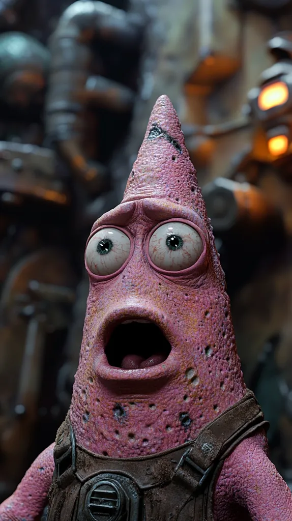 A close-up shot of a pink, spiky creature with large, wide eyes and a gaping mouth. It is wearing a brown, strapped vest and appears to be in a state of shock or fear. The background is blurred, showcasing a metallic, industrial setting. The creature's expression is comical and exaggerated, suggesting it is a fictional character.