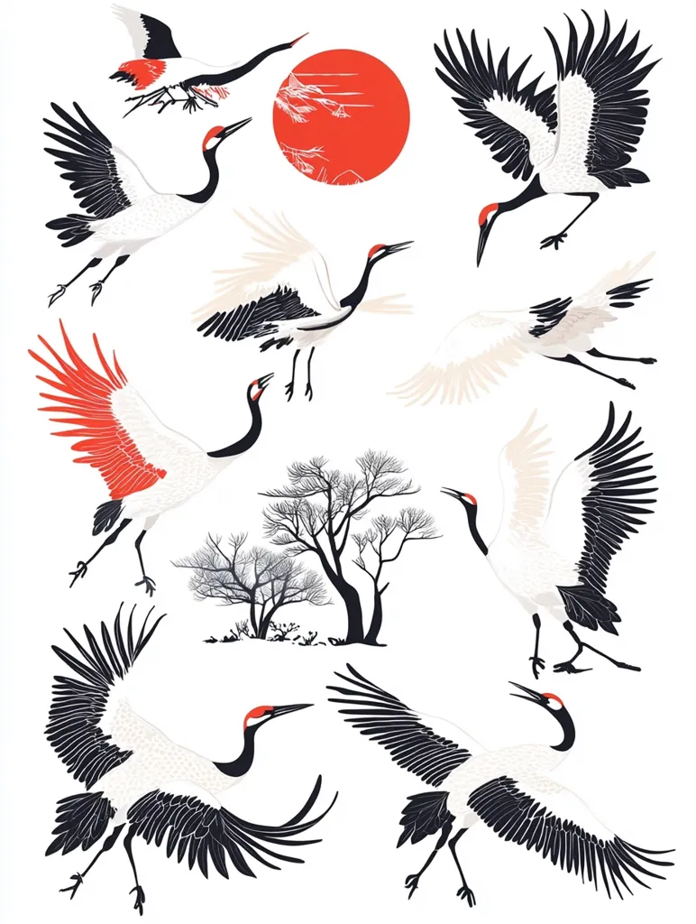The image features a collection of nine stylized cranes in various poses, with a red sun behind them. The cranes are depicted in black, white, and red, with detailed feathers and long necks. The background is a simple white, allowing the birds to stand out. The image has a traditional Japanese art style, evoking a sense of peace and serenity.