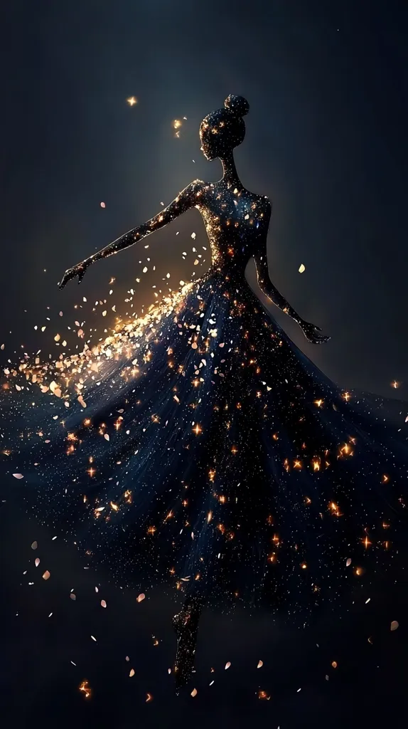 A silhouette of a woman in a flowing gown, adorned with twinkling lights, dances against a dark backdrop. Scattered petals and a soft glow around her create a magical and ethereal atmosphere. The image evokes a sense of enchantment and wonder.