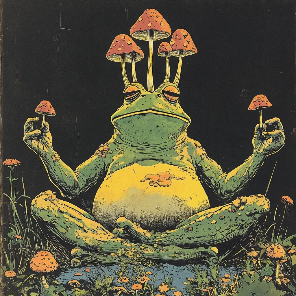 A large green frog sits cross-legged, with four bright red mushrooms growing from its head. It holds another mushroom in each hand. The frog is surrounded by a dark green background, with smaller mushrooms scattered around the base. The image appears to be a psychedelic art piece with vibrant colors and exaggerated features.