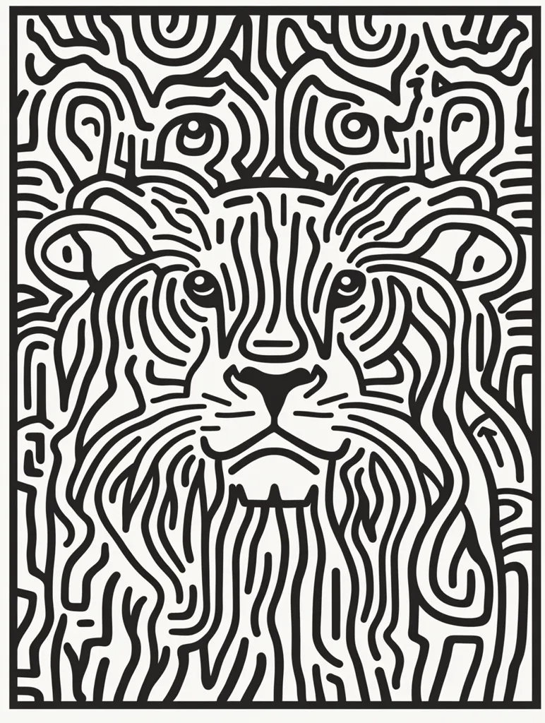 The image is a black and white line drawing of a lion's face. The artist has used a series of thick lines and swirls to create the image, giving it a textured and abstract feel. The lion's eyes are partially obscured by the lines, but its nose and mouth are clearly visible. The overall effect is striking and powerful.