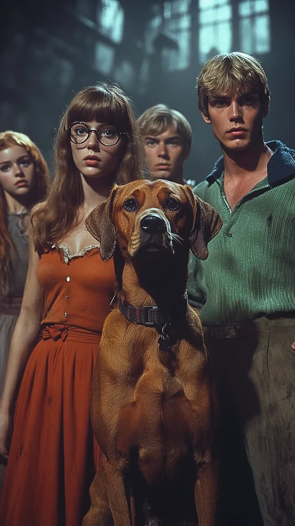 A group of young people stand in front of a dark background. In the center is a large brown dog, its head turned slightly to the left. The dog is looking straight ahead with a serious expression. To the dog's left, a young woman in a red dress stands with a serious expression.  To the dog's right, a young man in a green shirt stands with his arms crossed. To the woman's left, another young woman stands with a more relaxed expression. Behind the man, a second young man is partially obscured. The image is dark and mysterious, with a sense of unease.