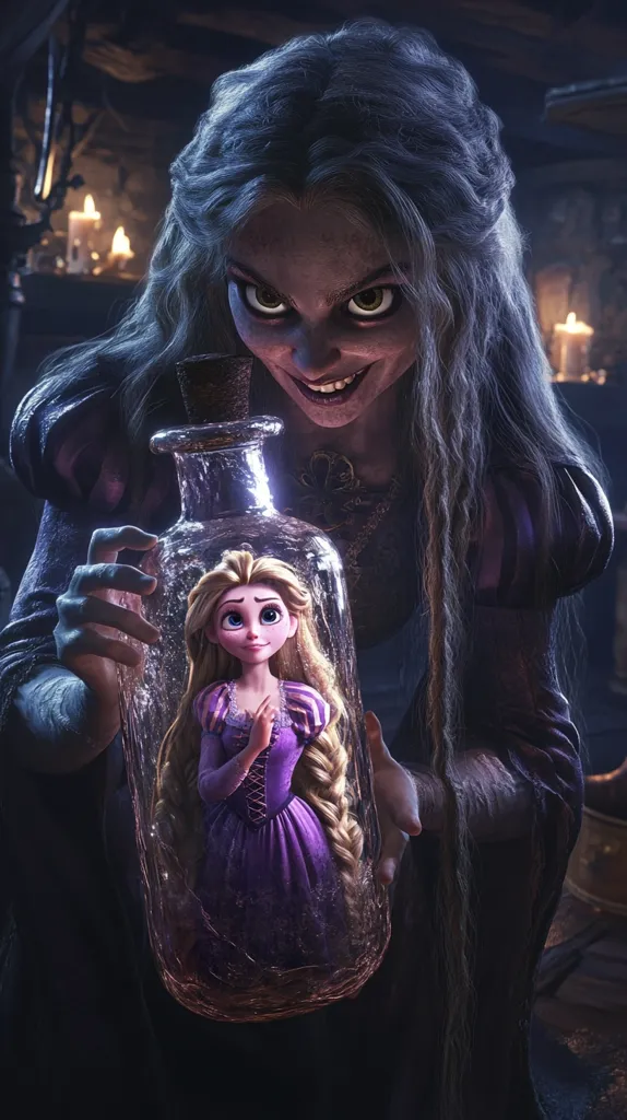 A woman with long, flowing hair holds a glass bottle containing a young woman with long blonde hair. The woman in the bottle has a worried expression, while the woman holding the bottle has a sinister smile. The scene is dimly lit, with candles casting shadows around them.  The image evokes a sense of mystery and danger.