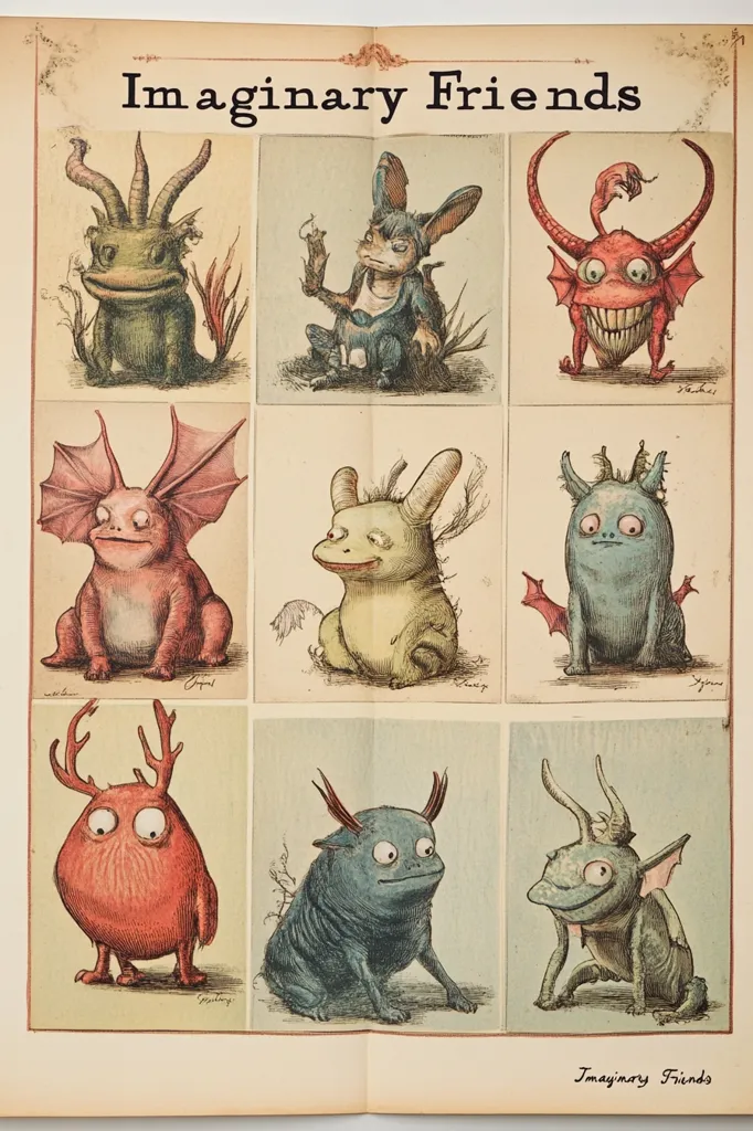 A vintage illustration titled "Imaginary Friends" features nine whimsical creatures. They are drawn in a cartoonish style, each with unique features such as large eyes, horns, wings, and antlers. They are all sitting or standing in various poses, with a simple background behind them.  The illustrations are in sepia tones, giving them a vintage feel.  The images are surrounded by a border with the title and a caption.